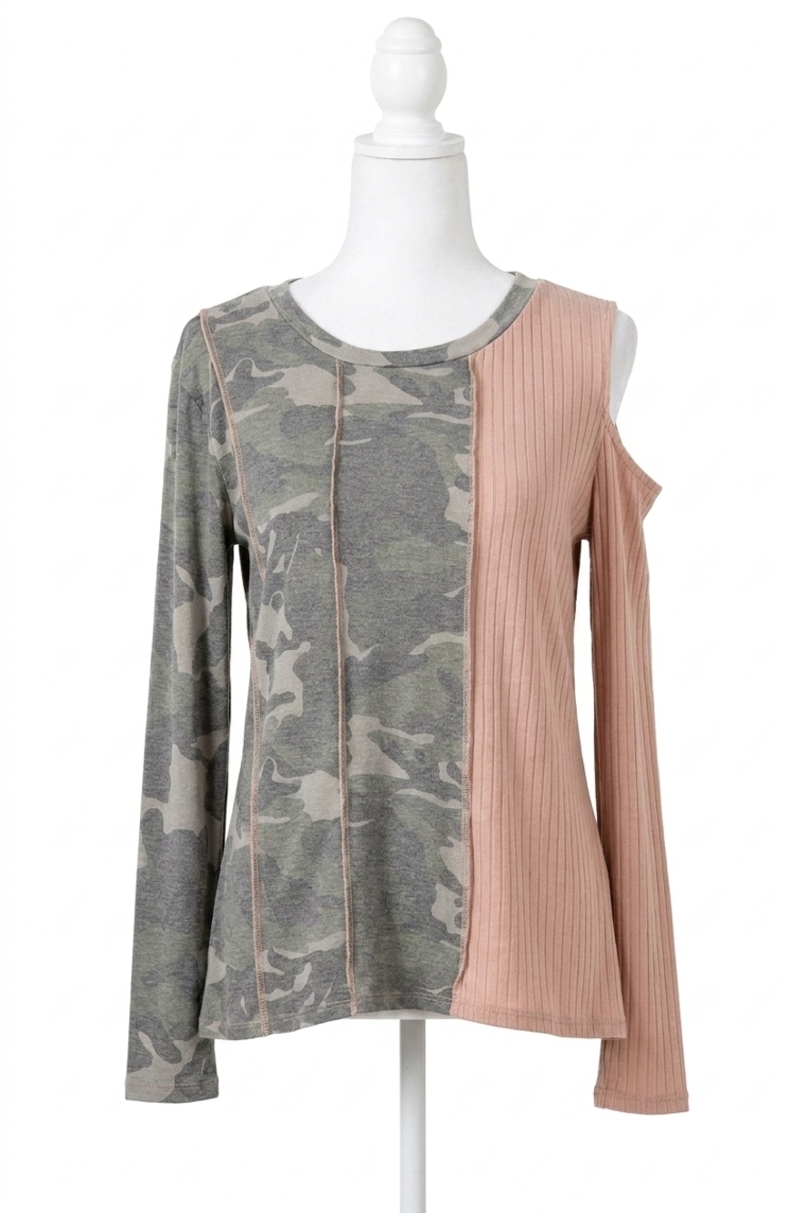 NEW HAPTICS rib color block cut-out top in taupe/camo